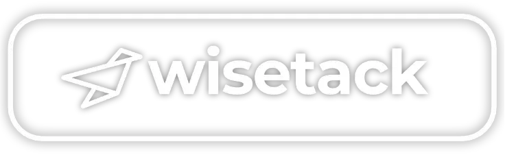 White Wisetack logo and paper-plane icon on a rounded gray button background