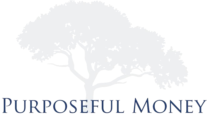 Purposeful Money logo with a pale tree silhouette and dark blue text