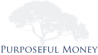 Purposeful Money logo with a pale tree silhouette and dark blue text