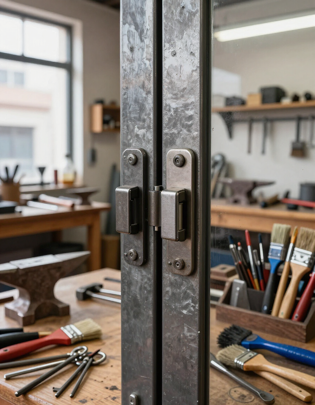 Puertas de cristal del taller con tiradores metálicos, herramientas sobre bancos de trabajo visibles a través de la abertura.