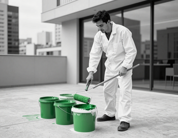 Un trabajador con mono blanco pinta una azotea con cubos de pintura verde.