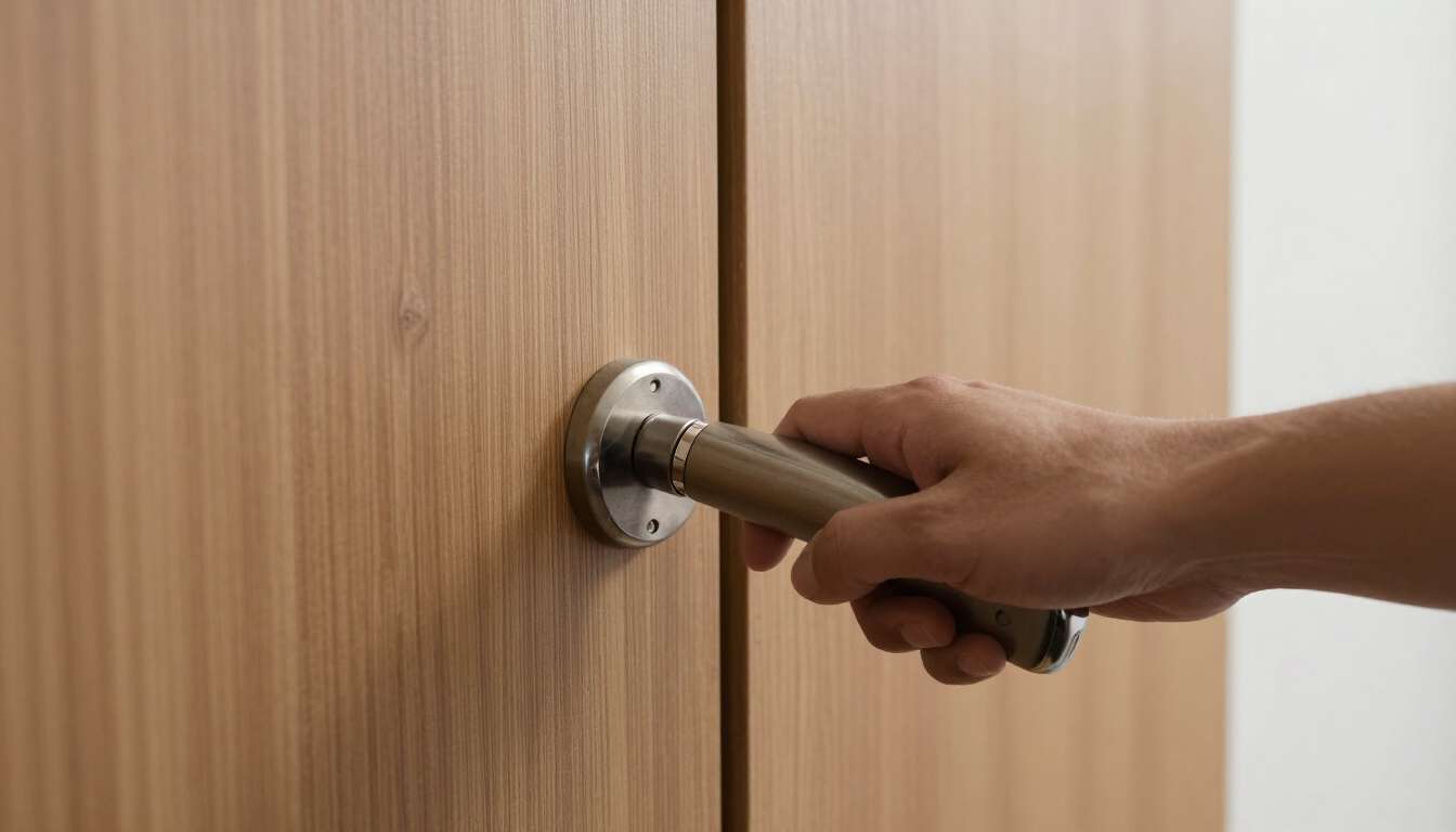 Mano sujetando el pomo plateado de una puerta de madera.