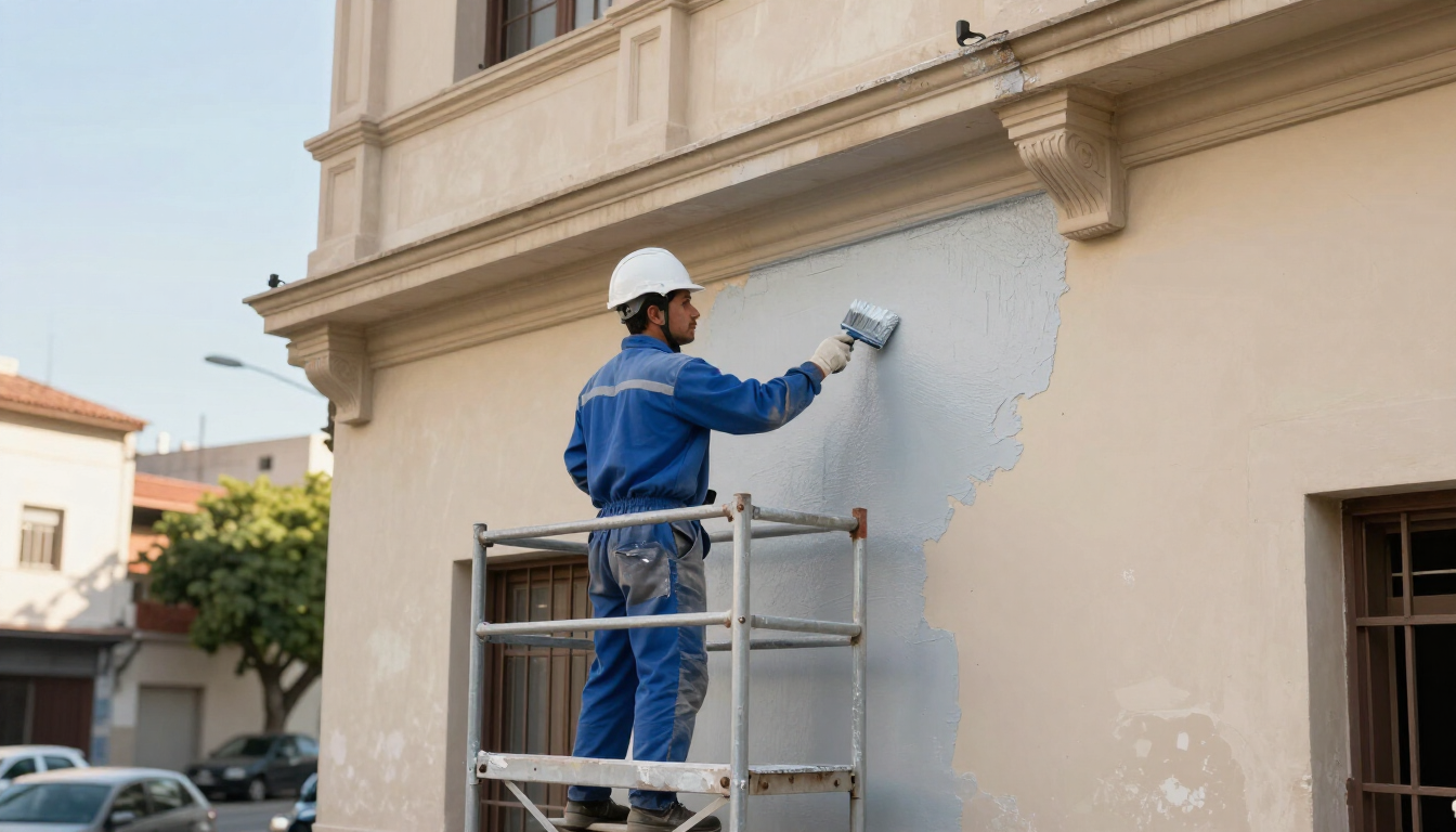 Un trabajador con uniforme azul y casco pinta la pared de un edificio desde un andamio.