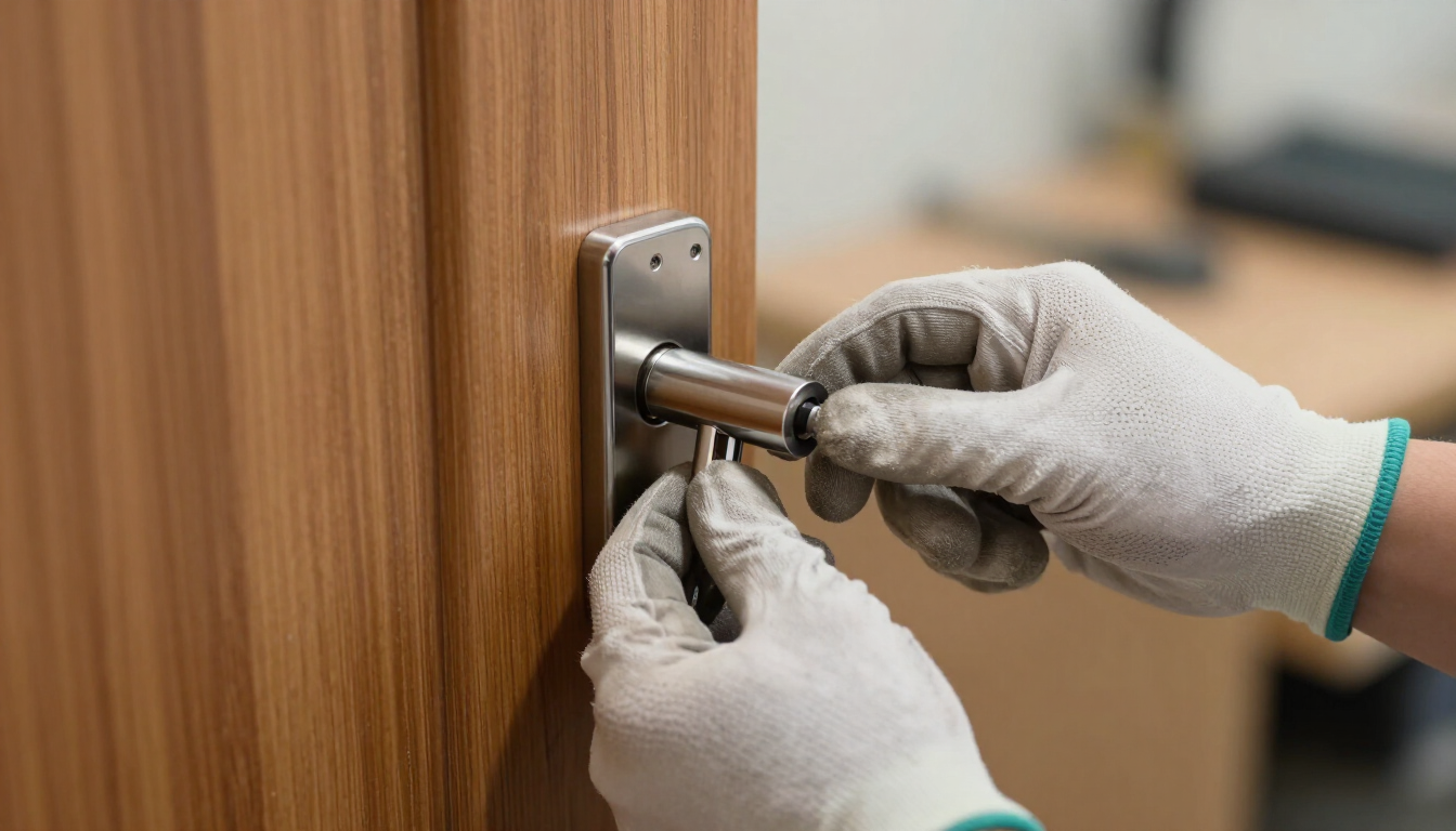 Manos enguantadas usando un destornillador para ajustar una cerradura metálica en una puerta de madera.