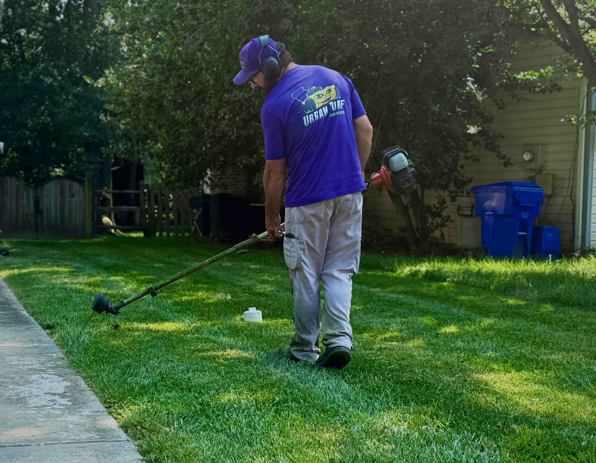 Man in purple shirt and cap edging grass with a weed whacker near a sidewalk.