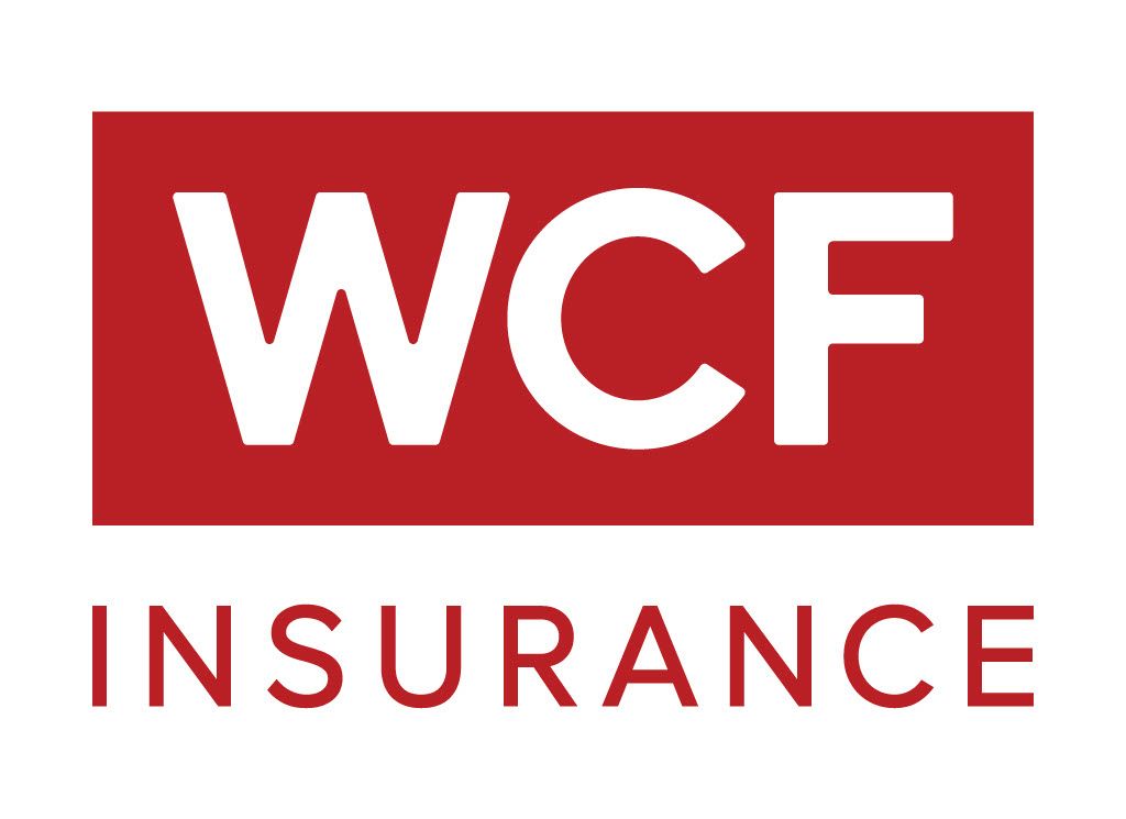 A red and white logo for wcf insurance.