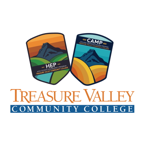 The logo for treasure valley community college has two shields with mountains on them.