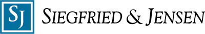 The logo for siegfried & jensen is blue and white