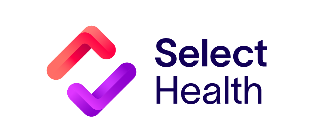A logo for select health with a red and purple check mark.