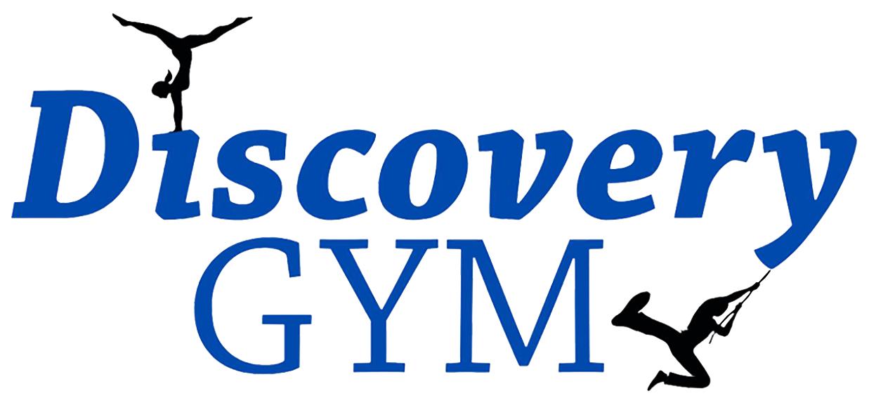 A blue logo for discovery gym with a silhouette of a person doing a handstand.