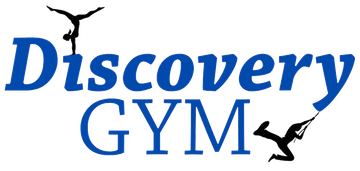 A blue logo for discovery gym with a silhouette of a person doing a handstand.