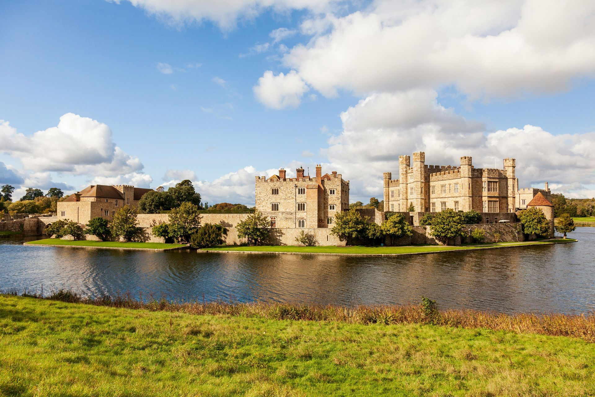 Leeds Castle surrounded by moat and gardens in Kent, England