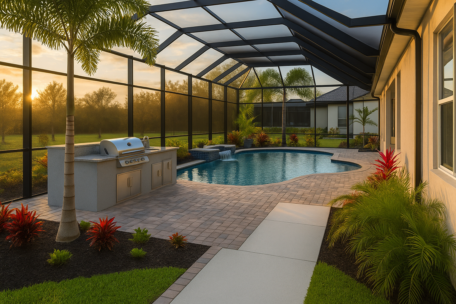 Covered backyard patio with pool, grill, palm trees, and sunset light