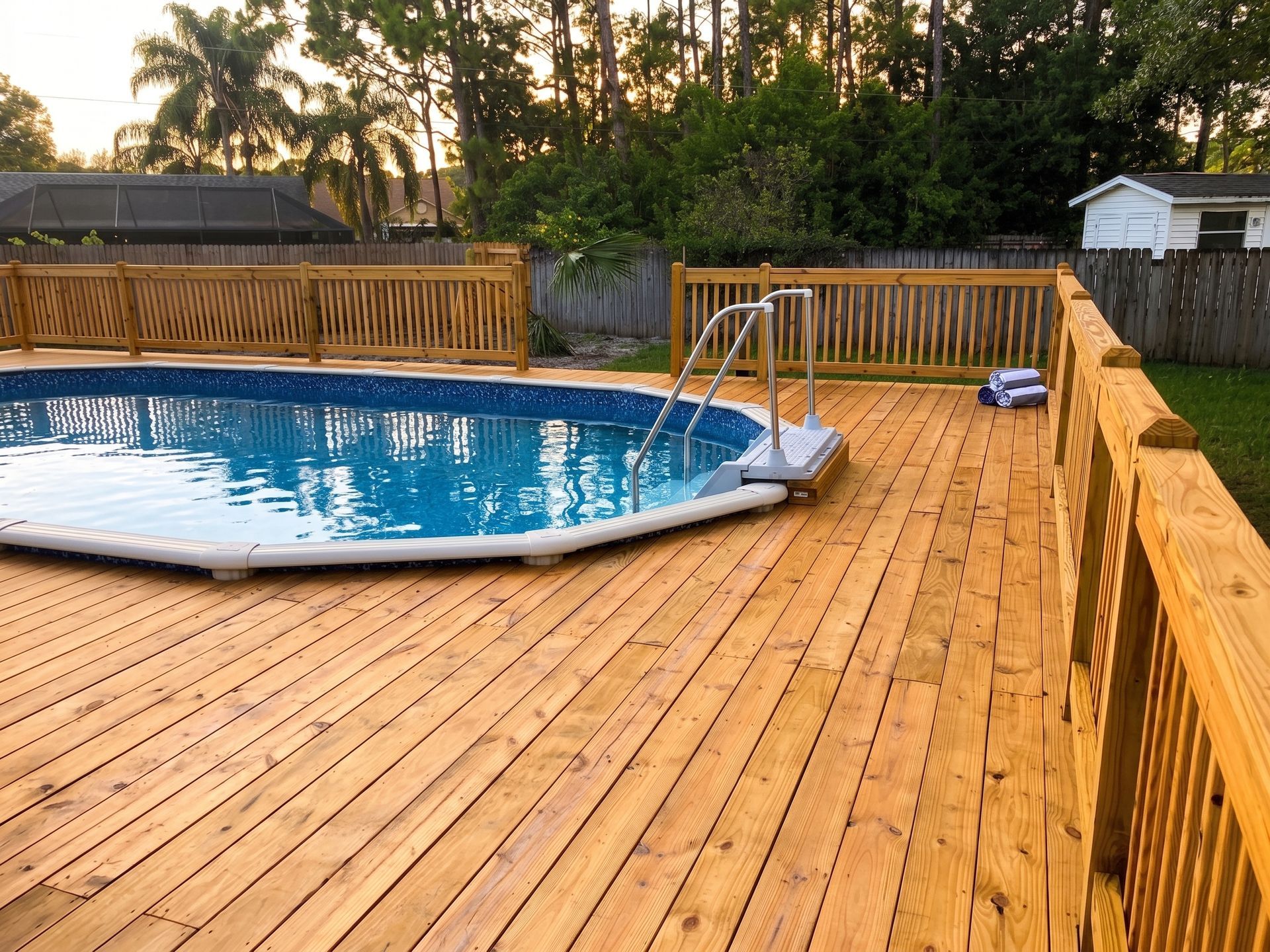 Screened-in backyard pool with blue water, wooden deck, and lounge chairs in the sun