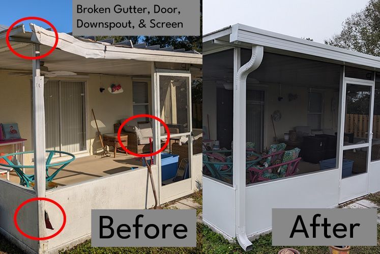 A screened in porch with a swimming pool in the background