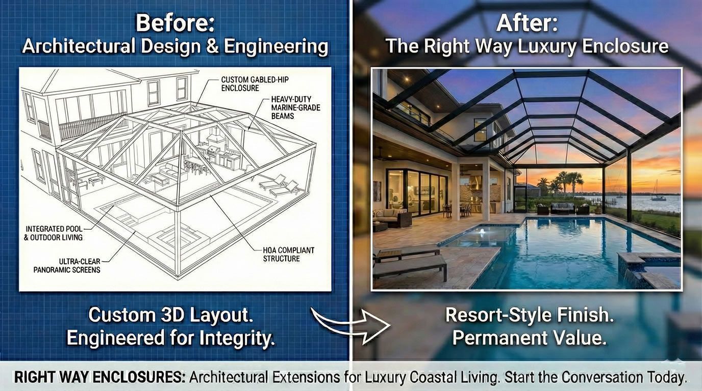 Before-and-after luxury enclosure: architectural blueprint vs finished poolside patio with black frame and sunset sky