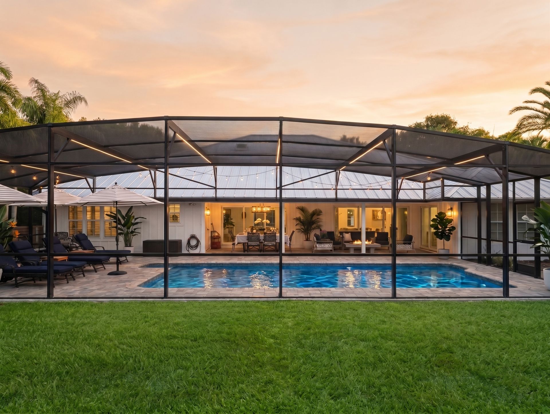 Backyard pool under a dome screen enclosure at sunset, with green lawn and patio seating.