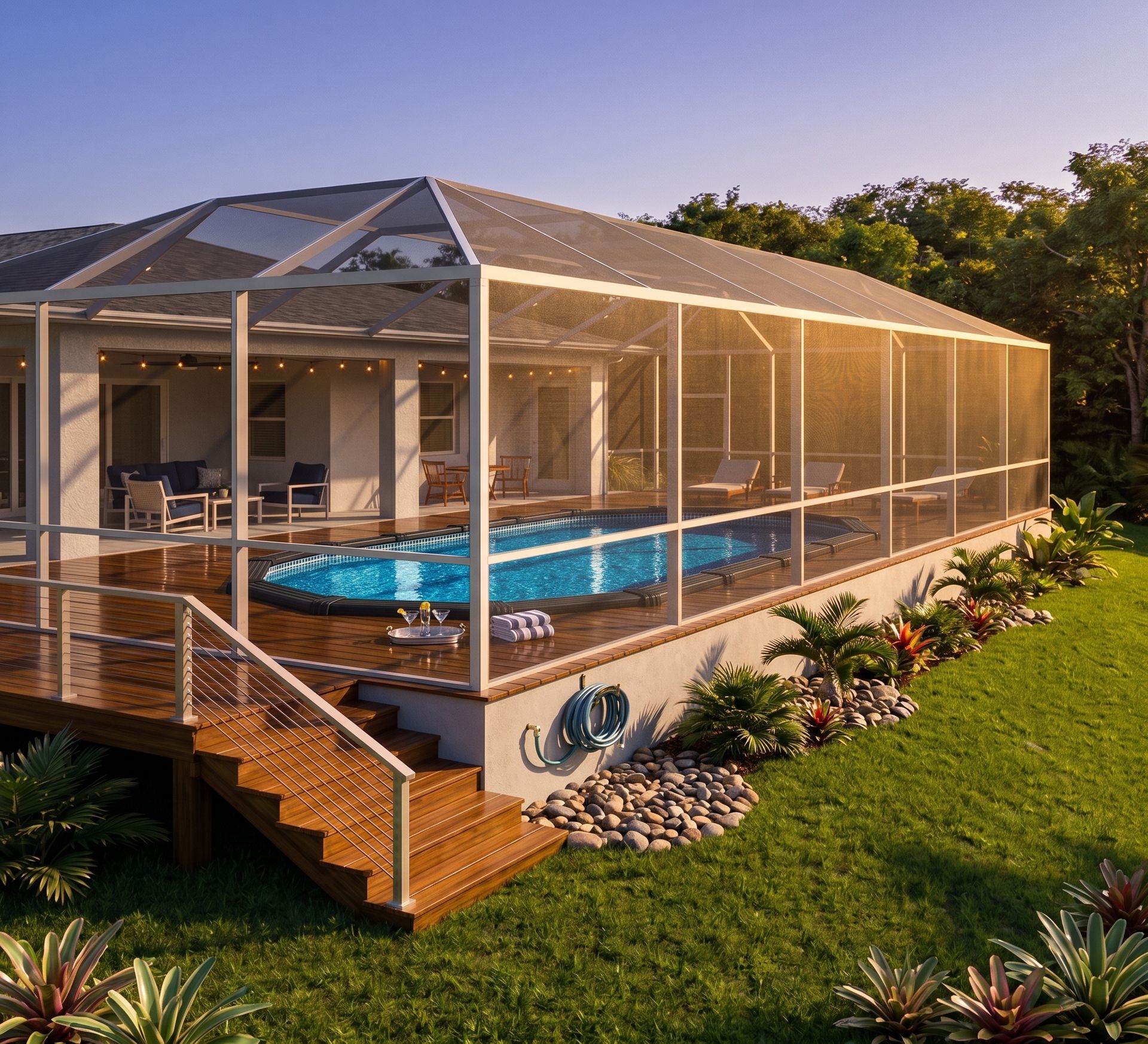 Screened pool deck with an above-ground pool wrapped with a wood deck and retaining wall for a sloped backyard