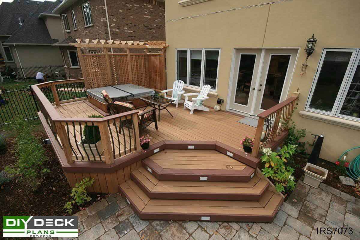 Backyard deck with built-in wooden steps, railing, and white patio chairs with Right Way