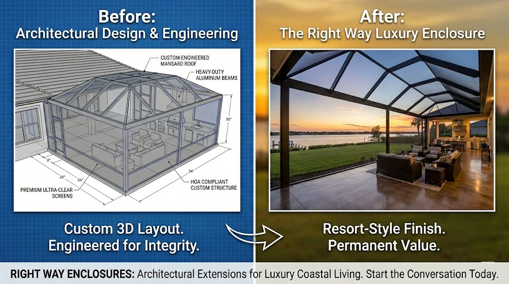A screened in porch with a couch and ottoman and a view of a pool.