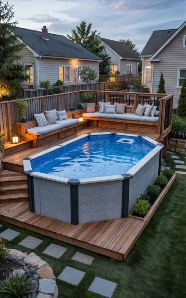 A screened in porch with furniture and a brick house in the background.