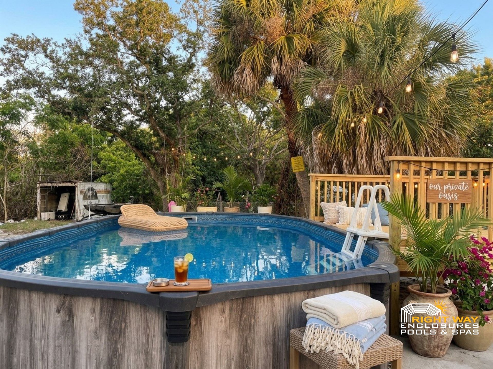 Two people sitting on the edge of an above-ground pool in a backyard patio area