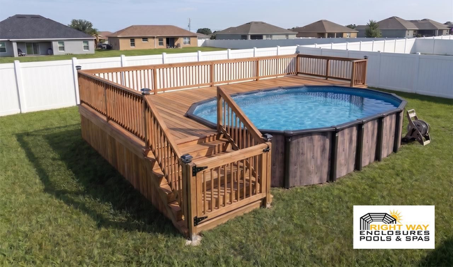 A screened in porch with a couch and ottoman and a view of a pool.