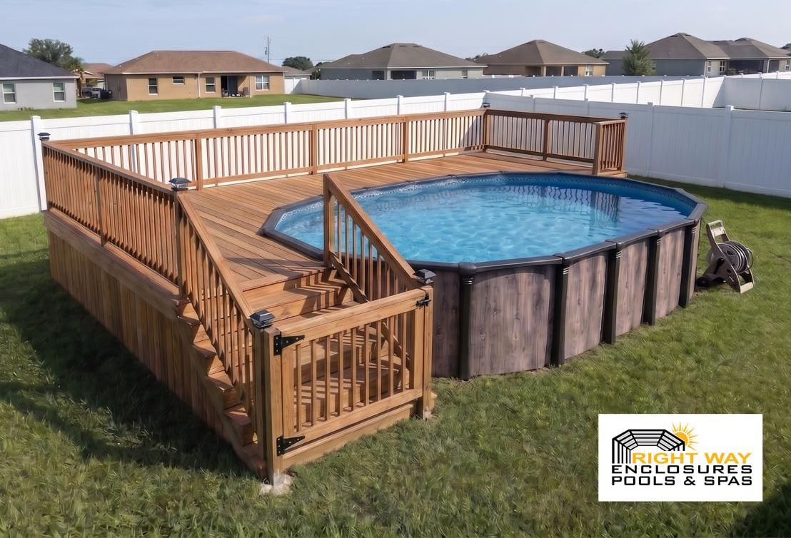 Screened-in backyard pool with blue water, wooden deck, and lounge chairs in the sun