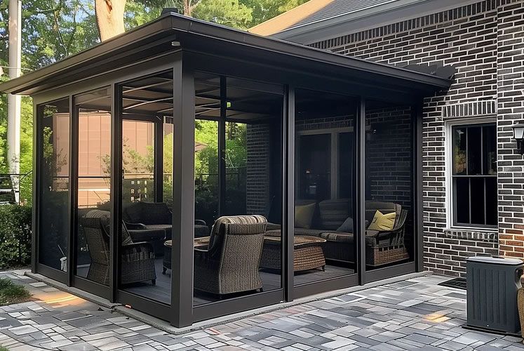 A screened in porch with furniture and a brick house in the background.