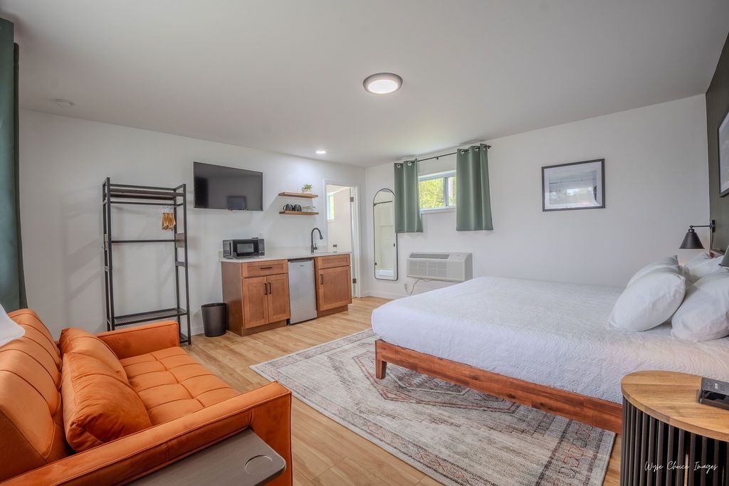 Studio apartment with bed, orange couch, kitchenette, and decor.