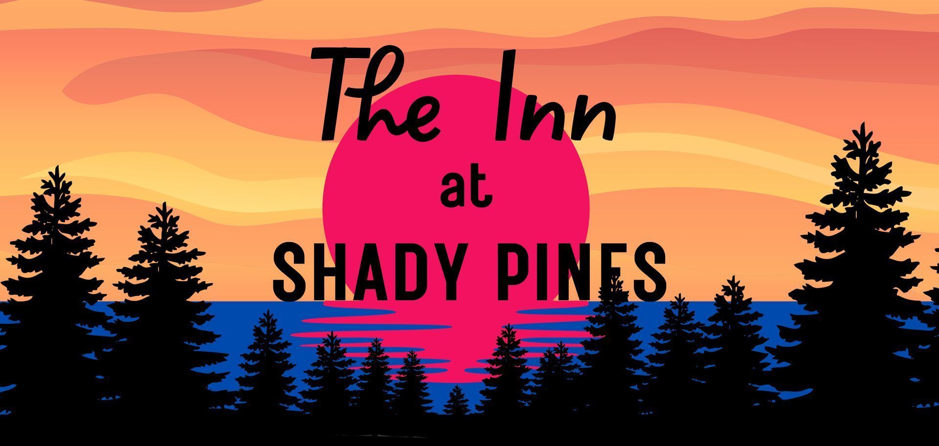 Logo for The Inn at Shady Pines with a sunset, trees, and lake.