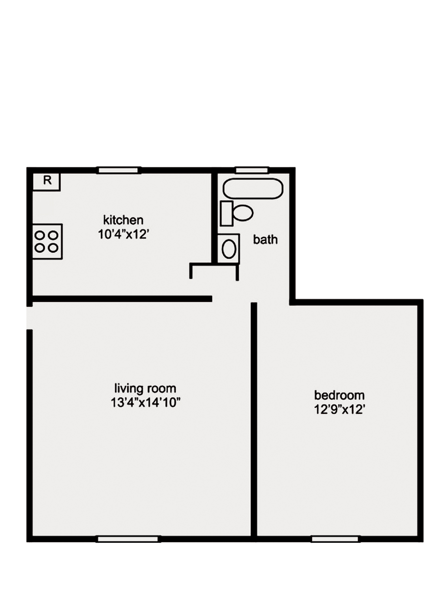 Floor plan of a small apartment: kitchen, living room, bedroom, and bathroom.