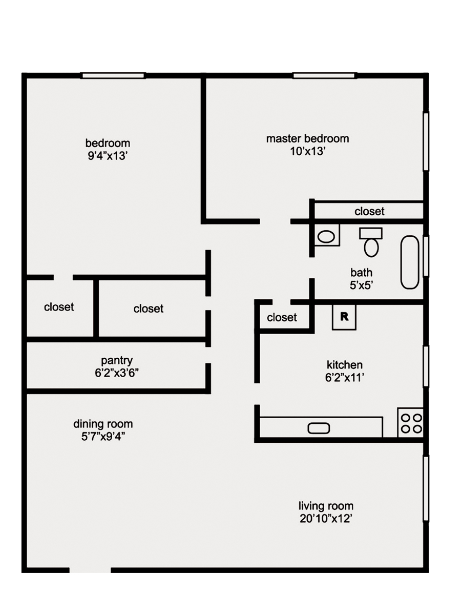 Floor plan of an apartment, showing rooms labeled: bedroom, kitchen, living room, dining room, and bathroom.
