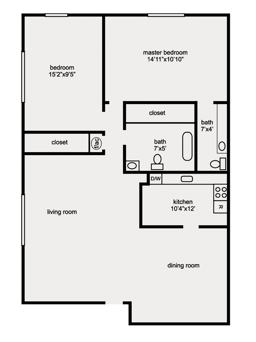 Floor plan of an apartment with a master bedroom, bedroom, living room, kitchen, dining room, and two bathrooms.