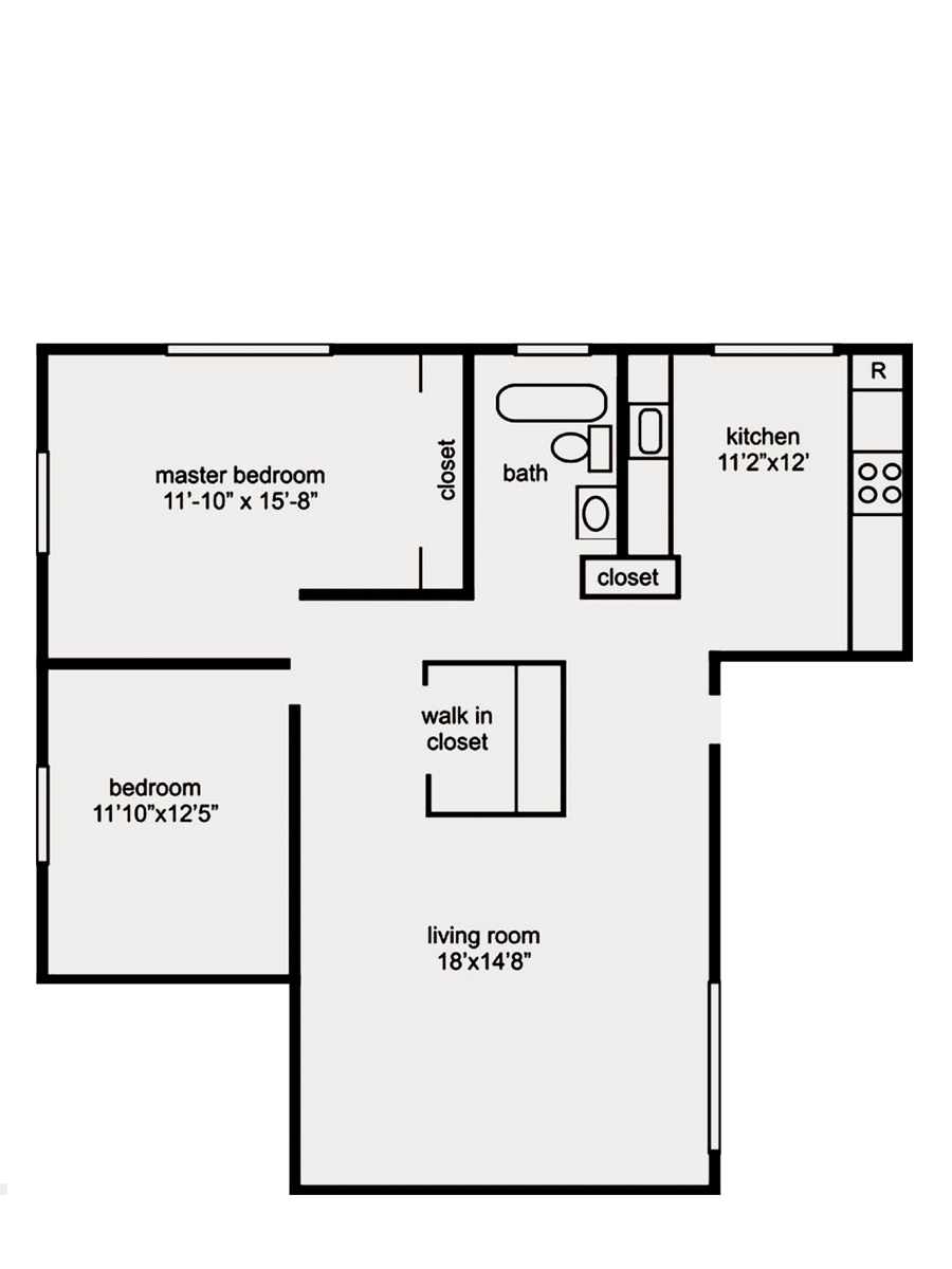 Floor plan of a two-bedroom apartment with a living room, kitchen, bathroom, and walk-in closet.