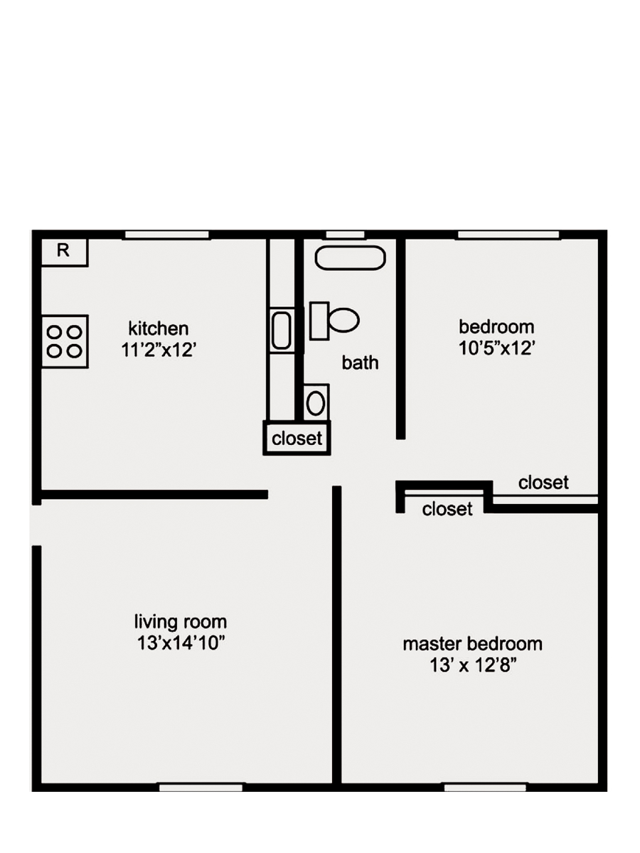 Floor plan of a two-bedroom apartment, labeling the kitchen, living room, bedrooms, bathroom, and closets with their dimensions.