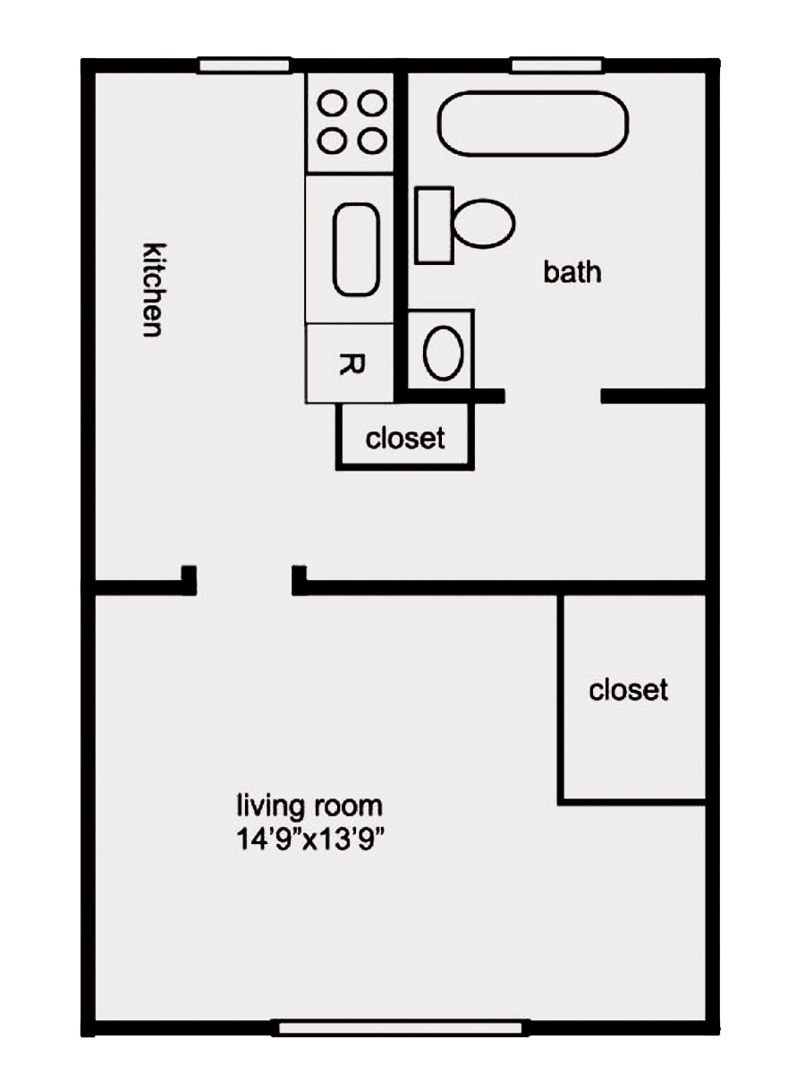 Floor plan of a small apartment: kitchen, bath, closet, and living room.