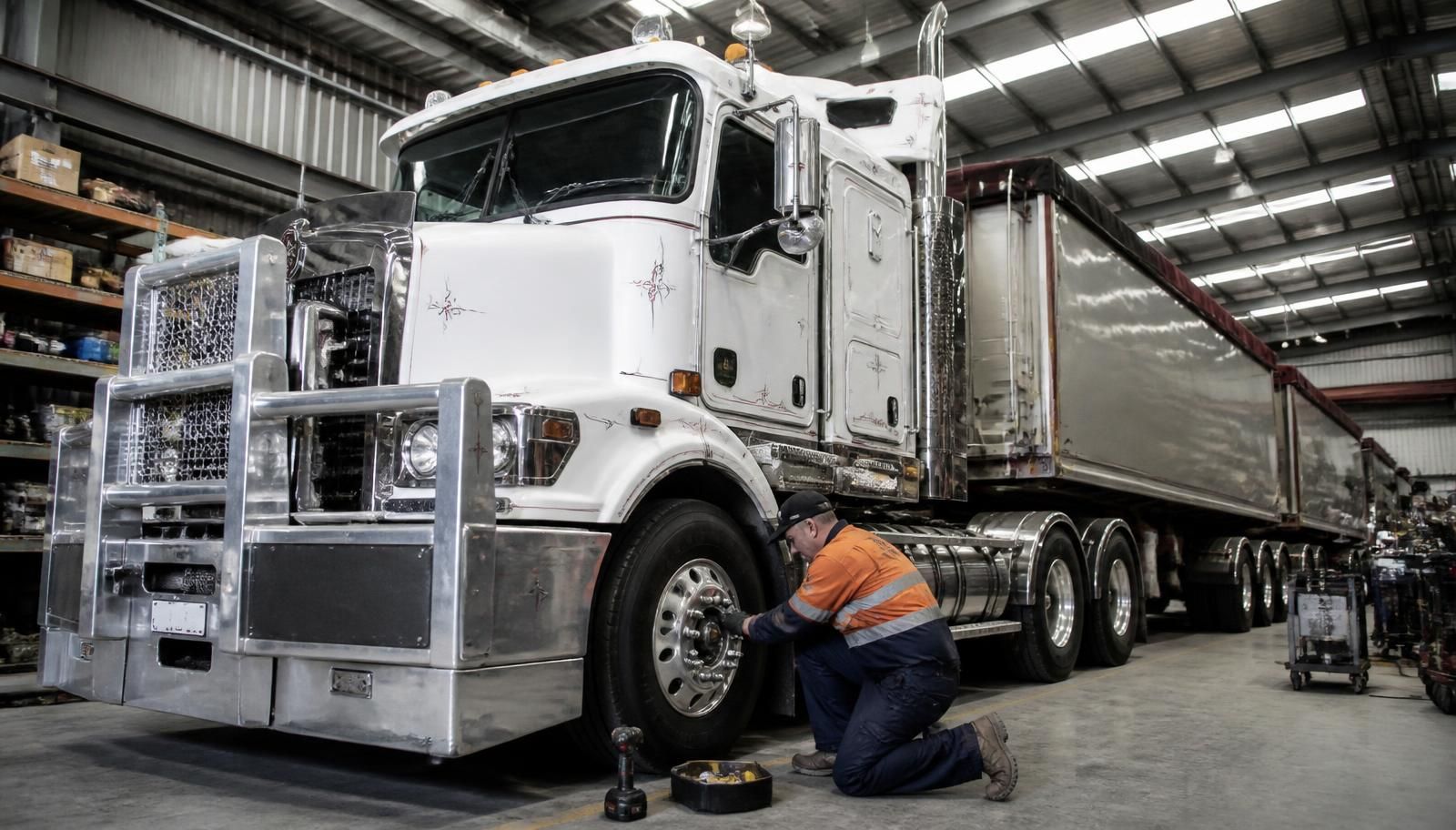 Mechanic kneels beside a white semi-truck in a warehouse garage, working under the front wheel — BITR Enterprises in Berkeley, NSW