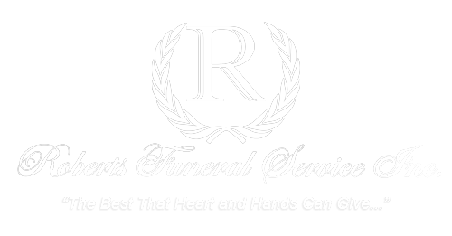 Logo for Roberts Funeral Service, includes "R" monogram within a wreath.