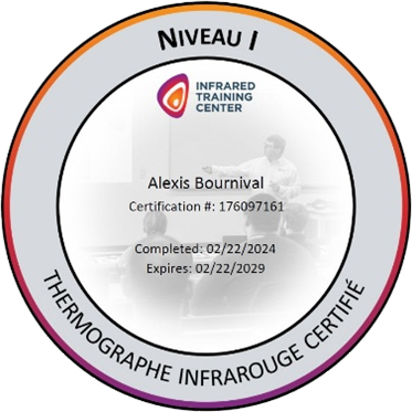 Badge de certification circulaire pour Alexis Bournival, Centre de formation infrarouge niveau 1. Terminé le 22/02/2024, expire le 22/02/2029.