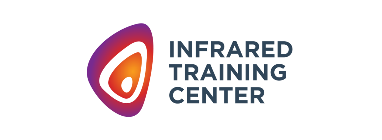 Logo pour le centre de formation infrarouge : design abstrait dans les tons de violet et d’orange, texte « Infrared Training Center » en bleu foncé.