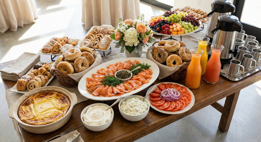 Brunch buffet table with pastries, fruit, waffles, shrimp platter, dips, and drinks on a wooden table