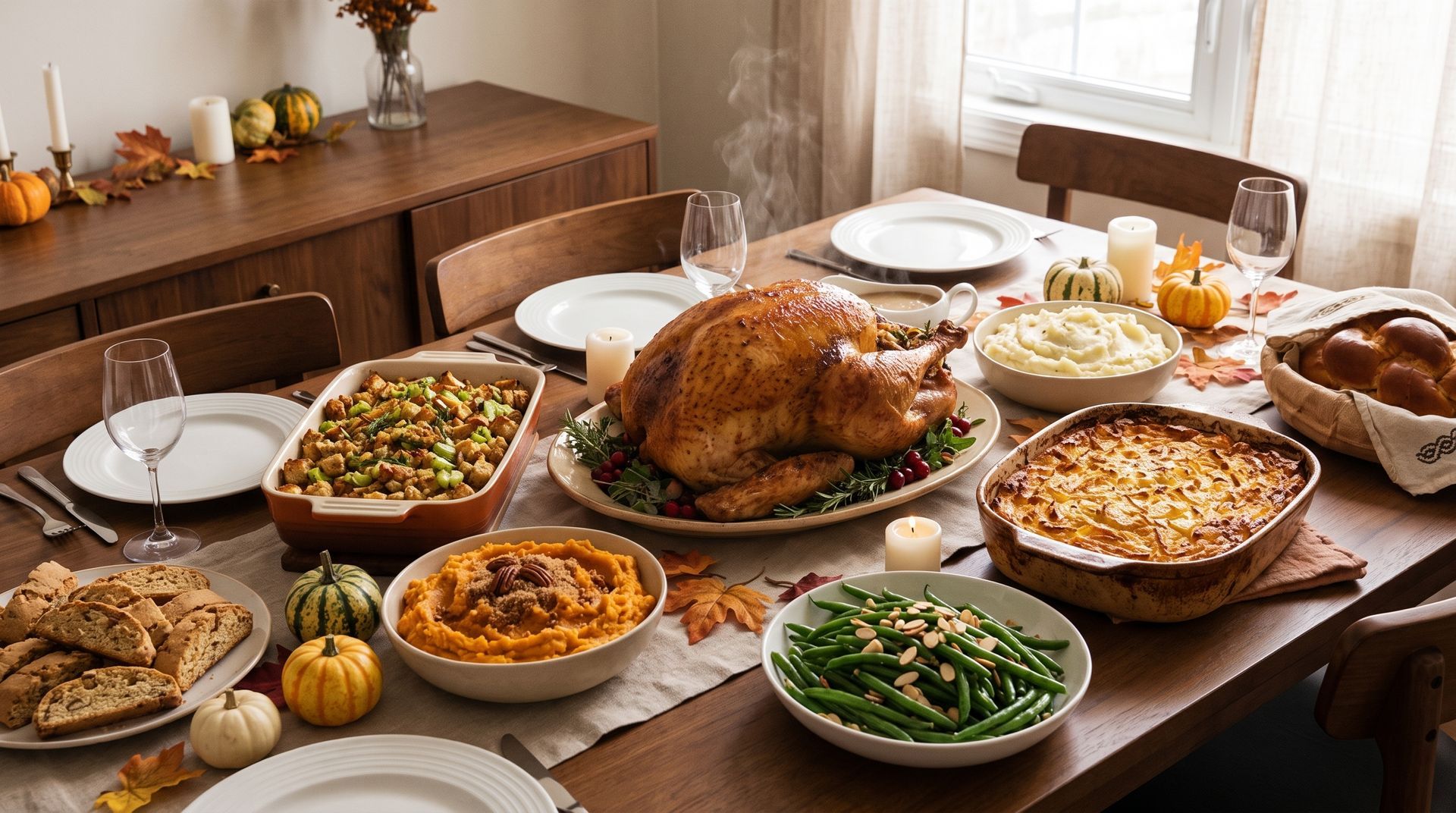 Assorted dishes and sides arranged on a wooden table, including grilled meats, vegetables, and sauces