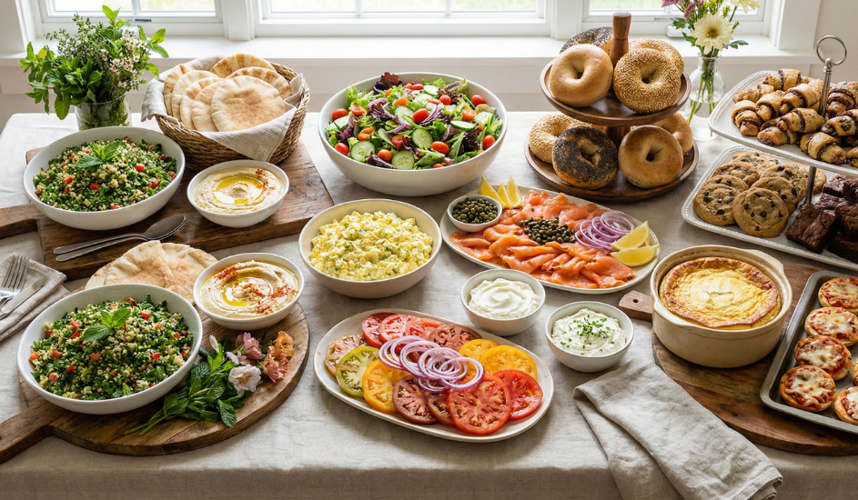 Buffet table with assorted salads, sandwiches, donuts, shrimp, and dips under bright window light