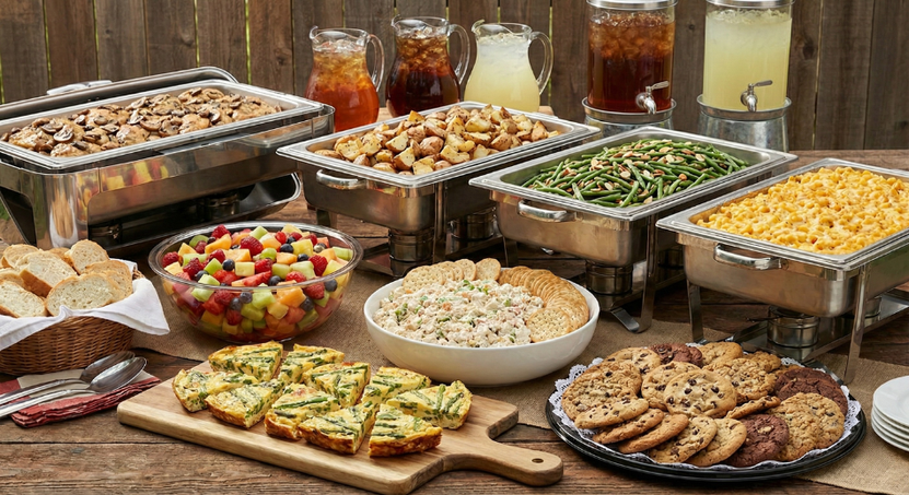 Buffet spread of assorted appetizers, pastries, and drinks on a catered table