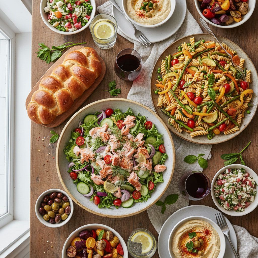 Wooden table set with various dishes: salads, pasta, bread, hummus, olives, and drinks.