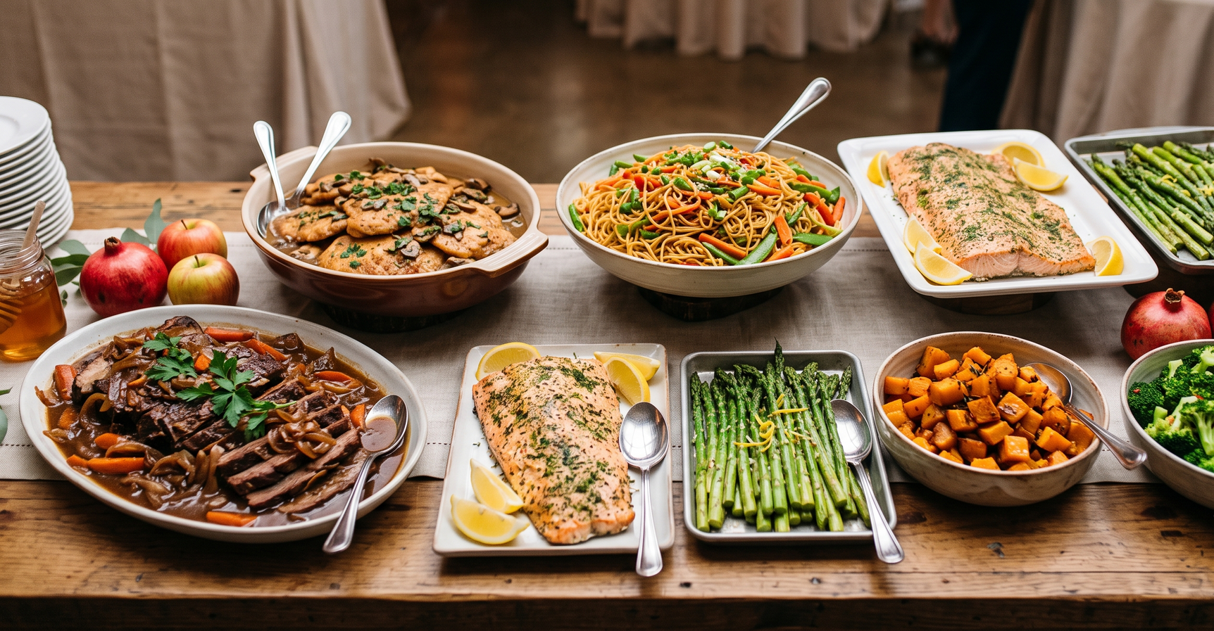 Assorted dishes and sides arranged on a wooden table, including grilled meats, vegetables, and sauces