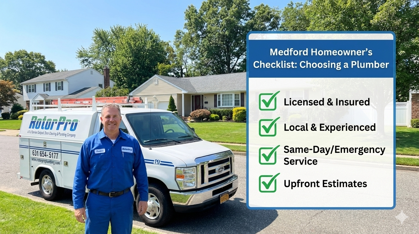 Plumber standing by white van in front of house; checklist includes 