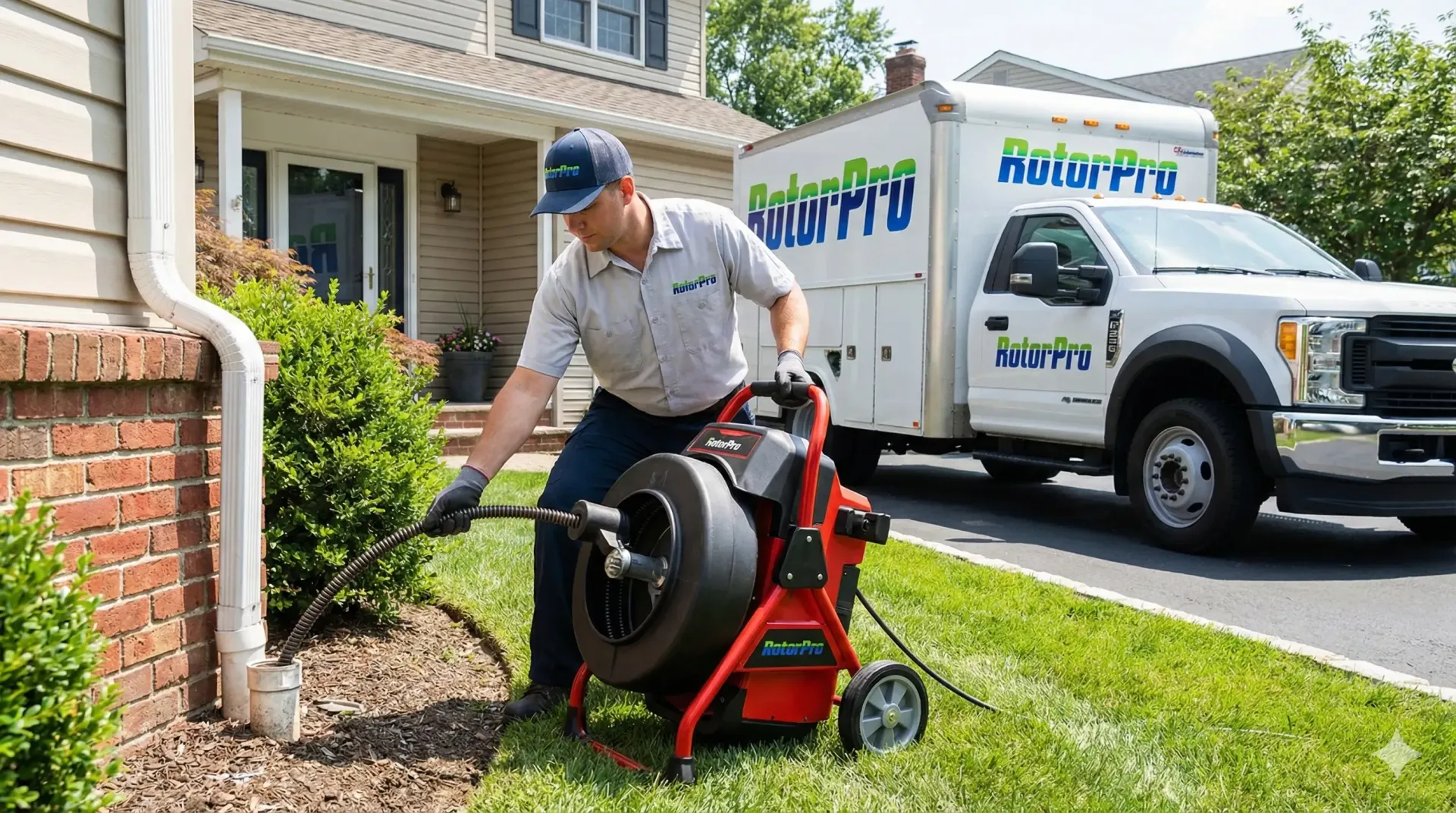 Plumber using a drain cleaning machine at a house. Rotor-Pro truck parked nearby.