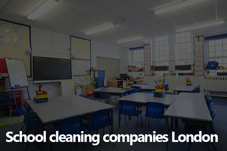 A classroom with tables and chairs and the words school cleaning companies london